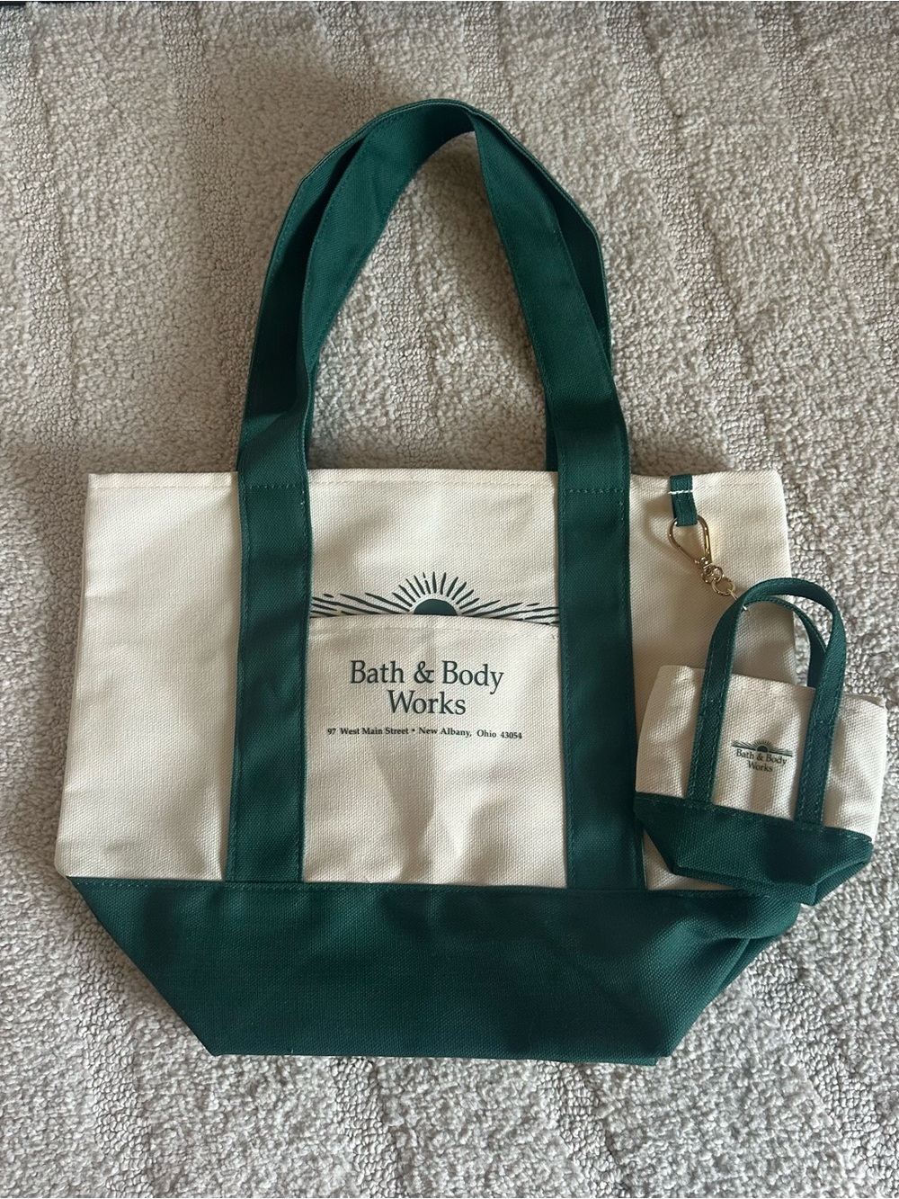 Bath and Body Works Green Canvas Tote Bag with Mini Bag Charm